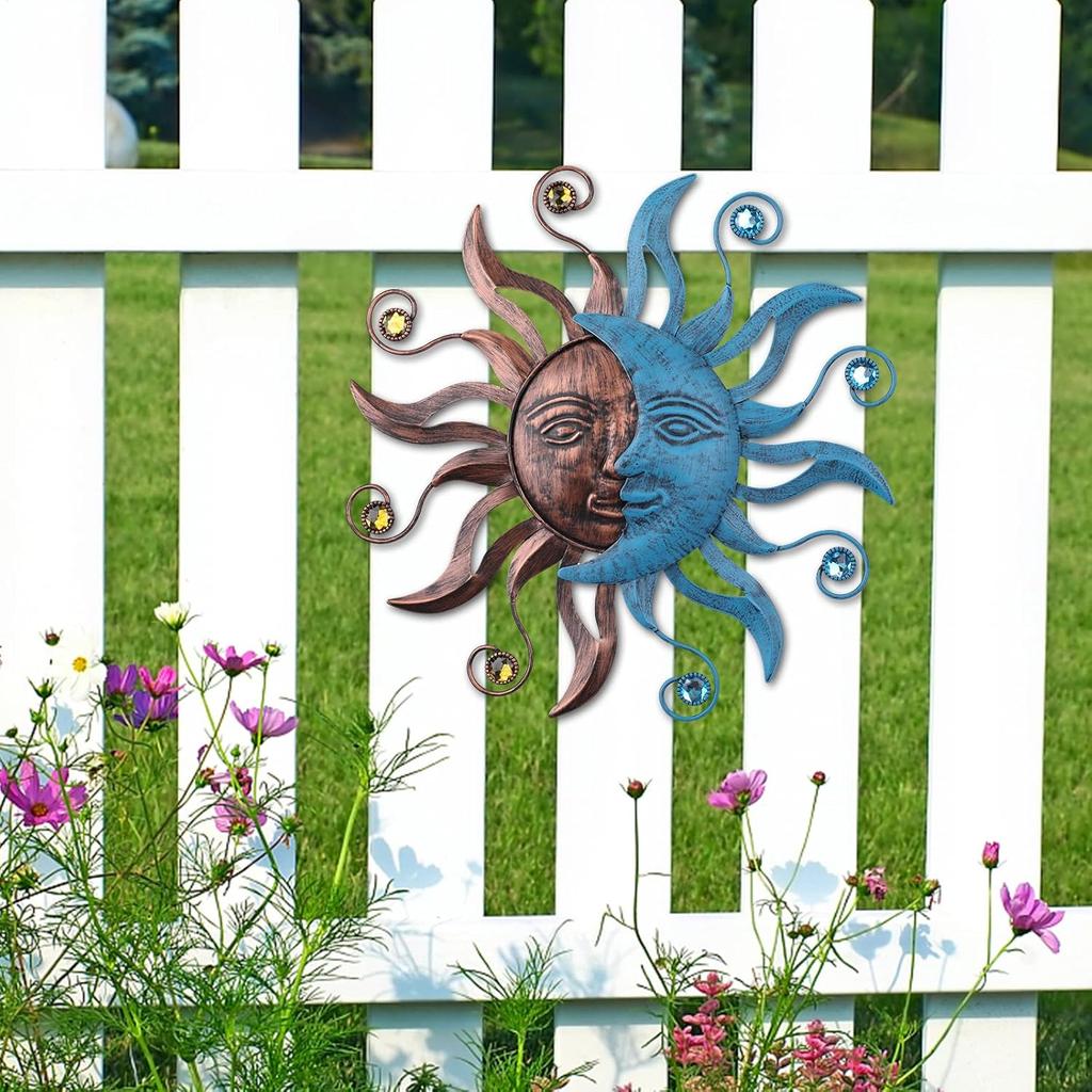 MUMTOP 13.26 Inch Metal Sun Moon Wall Decor, Inspiational Wall Sculpture Hanging Decorations Art for Indoor Outdoor Home Living Room Office Yard