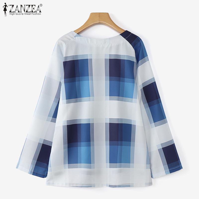 ZANZEA Women Casual Round Neck Plaid Print Long Sleeve Cover Up Tee Tops