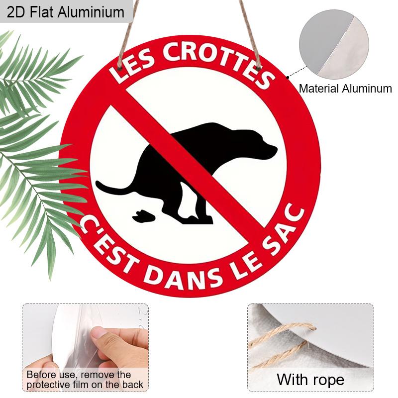 2D Flat Aluminum Rustic French Dog Poop Round Metal Sign, "Les Crottes C'est Dans Le Sac", Pre-Drilled Holes for Easy Hanging, Gifts for Teens Uncle