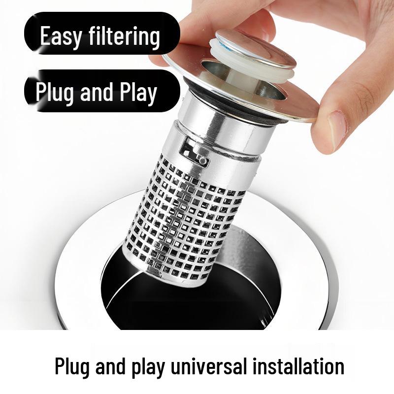 Universal Stainless Steel Press-Type Basin Drain Plug with Anti-Odor Blocking for Washbasins