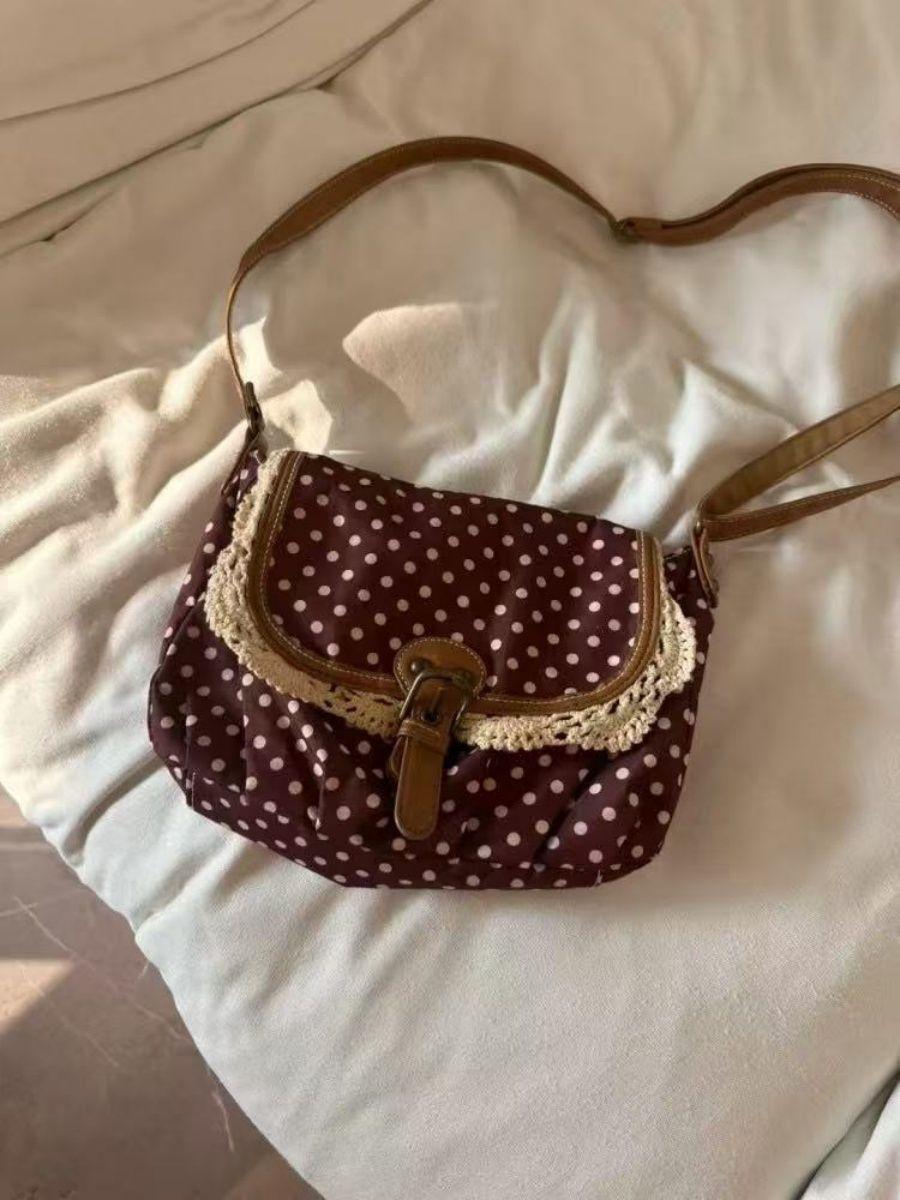 2026 new Korean retro polka dot vintage bag lace polka dot canvas bag shoulder messenger bag female