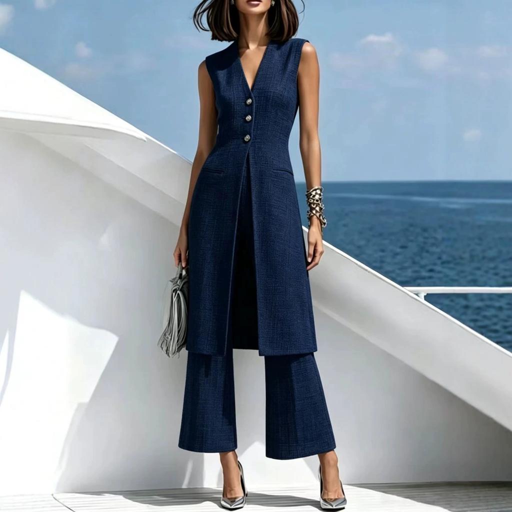1116 European and American women's clothing Elegant gray long vest and pants two-piece suit