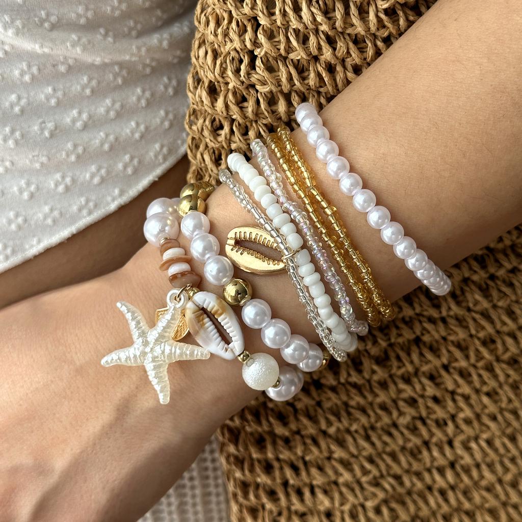 Classic Metal Starfish Shell Multilayer Bracelets Set for Women Handmade Rice Beaded Stackable Bracelets Vacation Jewelry Gift
