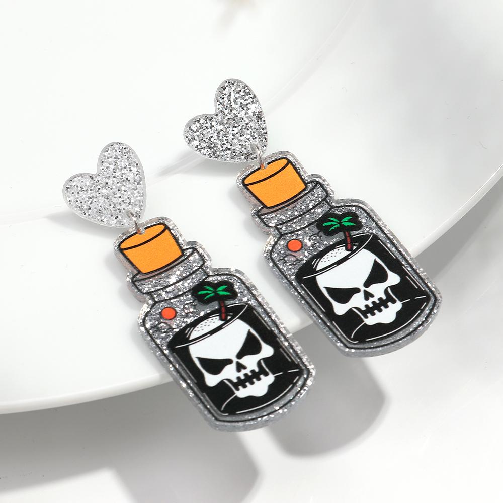 Gothic Skull Ticker Acrylic Print Earrings for Women Horror Cartoon skeleton Heart Bottle Pendant Earring Halloween Jewelry Gift
