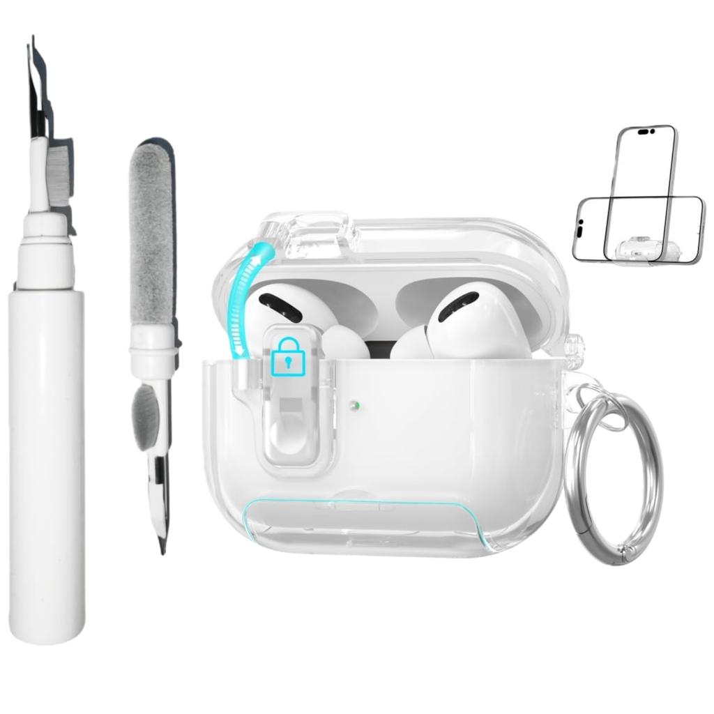 Transparente Hülle für AirPods Pro 3 Hülle mit Handyhalterung und Sicherheitsverschluss Automatisches Aufklappdeckeldesign mit Reinigungsstiftabdeckung für AirPods Pro 3