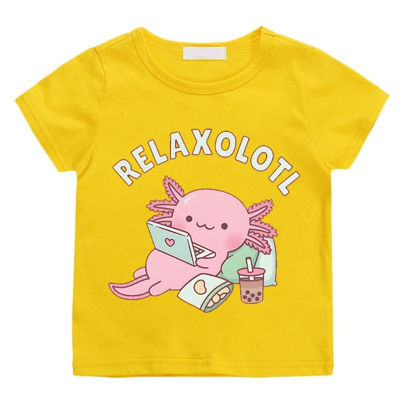 Cute Relax A Lot Axolotl Kids T-shirt Cartoon Funny Pun Graphic Clothes for Boys/Girls Cotton Short Sleeve Kids Summer Tops Tees