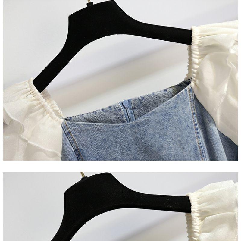 Damen One-Shoulder Puffärmel Denim Patchwork A-Linien Kleid - Sommer 2026 Taillenbetonend Schlanker Stil
