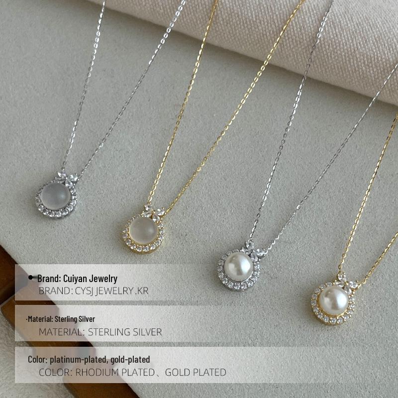 Cui Yan S925 Silver Bow Necklace with White Chalcedony & Pearls for Women - Light Luxury Princess Choker