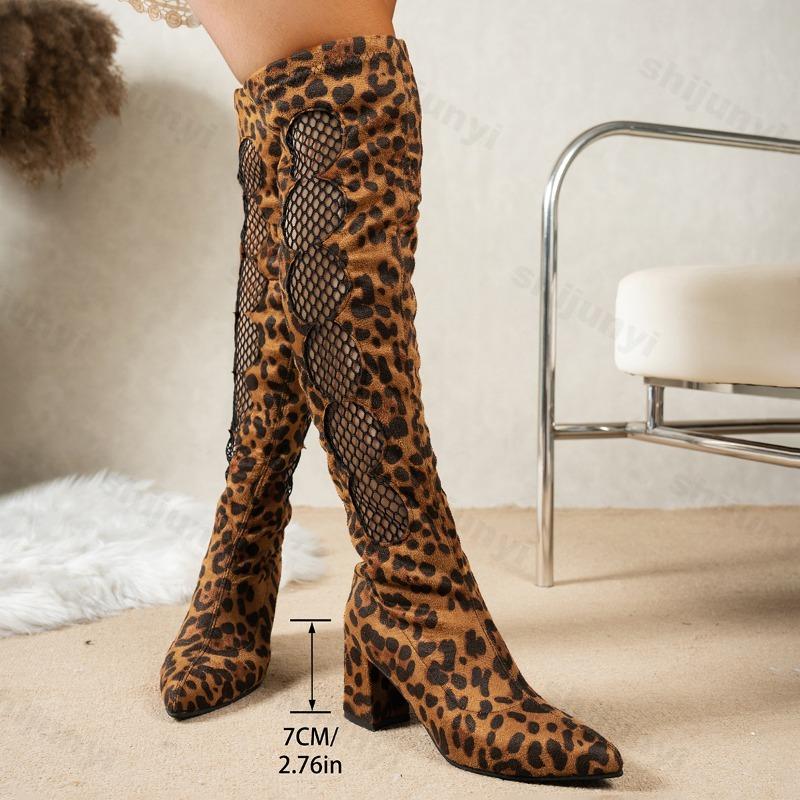 Woman Boots 2026 Leopard Print High Heels Goth Shoes Over-the-Knee Boots Sexy Chunky Pumps Back Zip Fashion Shoes Suede Boots