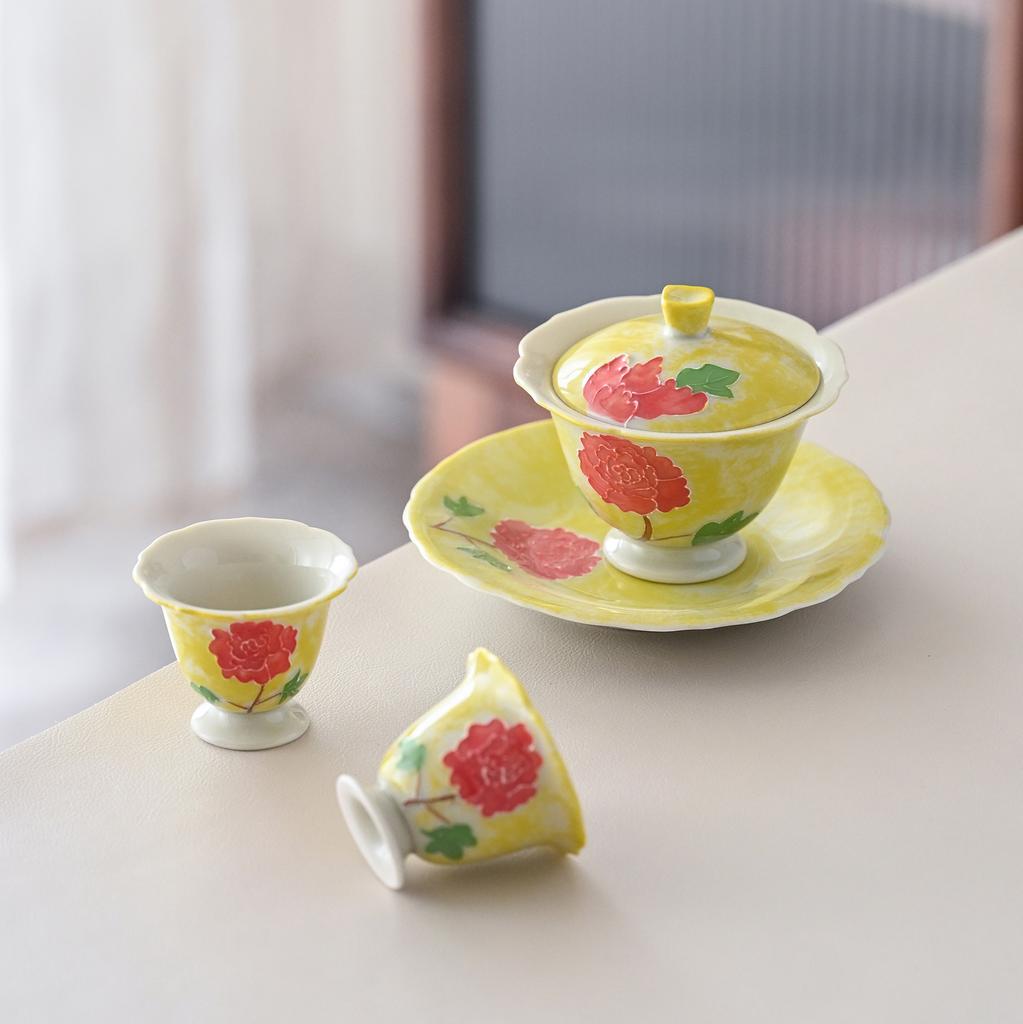 Guochao Hand-Painted Rose Cover Bowl Two Cup Set Portable Cloth Bag Outdoor Tea Drinking High Value Light Luxury Travel Tea Set