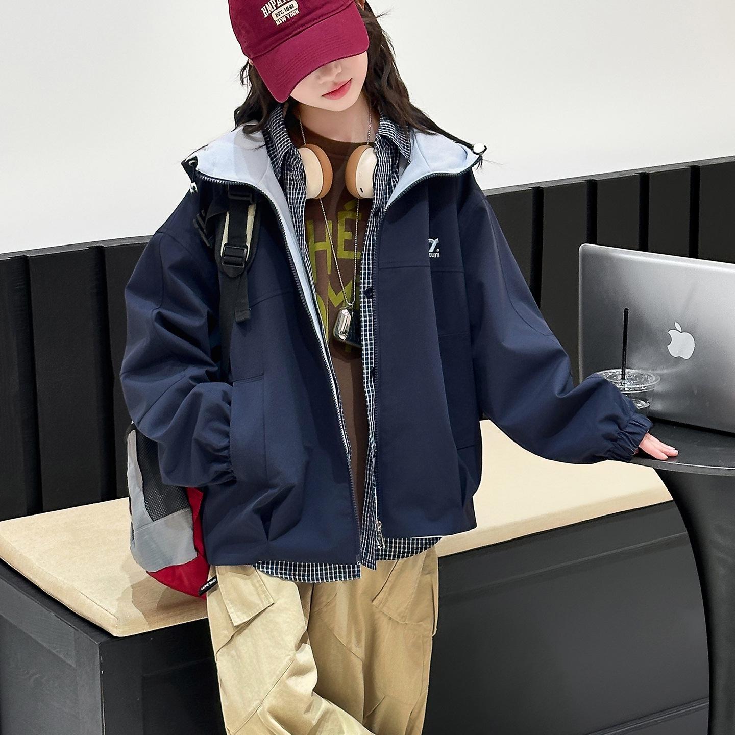 

Girls Korean Style Autumn 2025 Hooded Windbreaker - Two-Sided Wear, Big Kids Casual Sport Jacket 130 cm темно-синього кольору