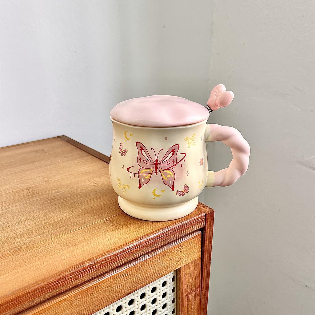 Butterfly Mug Girl Heart Ceramic Cup with Lid with Spoon High Value Water Cup Office Coffee Breakfast Cup