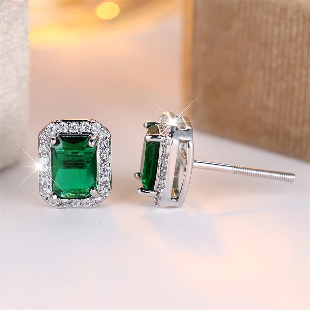 Green Zircon Luxury Crystal Square Stone Small Stud Earrings For Women Vintage Silver Color Versatile Jewelry Wedding Party Gift