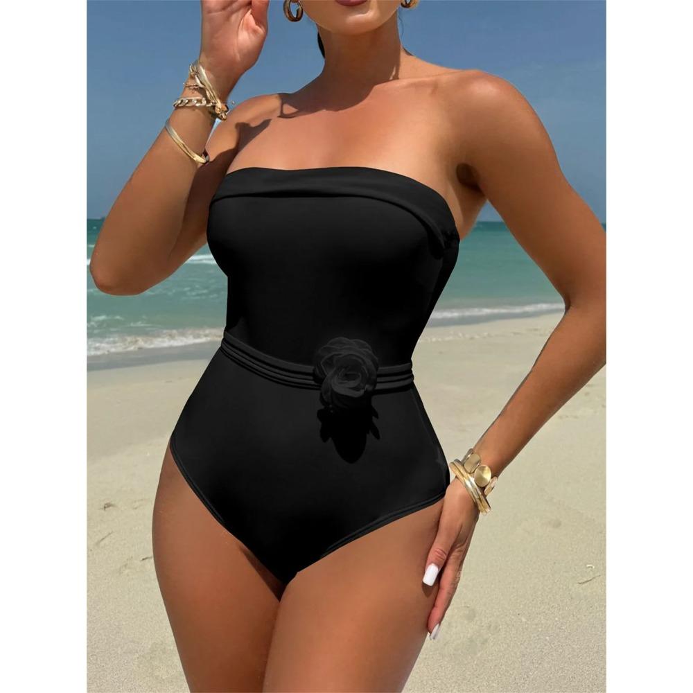 Sexy Bandeau One Piece Swimsuit 2026 Women White Black 3D Flower Rose Bandage Cross Slim Fit Bathing Suit Tummy Control Swimwear