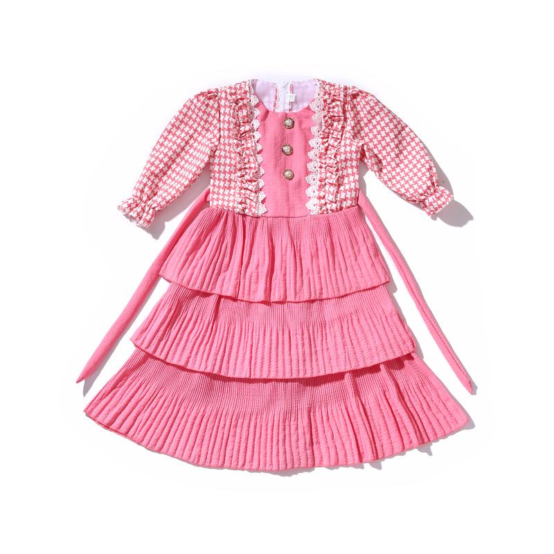 

Girls Houndstooth Patchwork Layered Dress with Lace & Lettuce Edge – Sweet Princess Style for Autumn/Winter 85-95 cm розовый