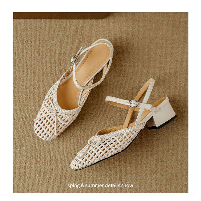 

Fashion French Hollowed-out Braided Toe Sandals, Women s Thick Heels, Summer Bow Bow One-line Buckle with Medium Heels, Roman Shoes 40