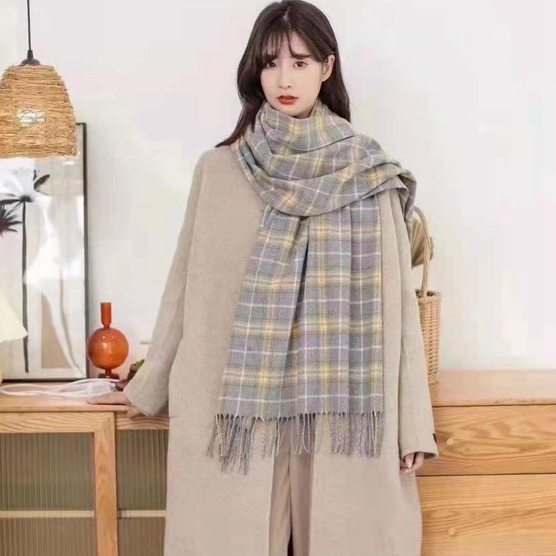 Women's Winter Plaid Imitation Cashmere Tassel Scarf, Thickened Korean Style Neck Warmer