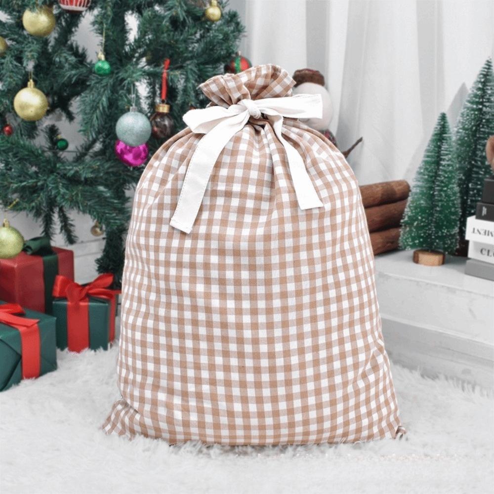 Plaid Pattern Christmas Santa Sack Drawstring Closure Reusable Drawstring Christmas Sack Wide Opening Christmas Present Bag