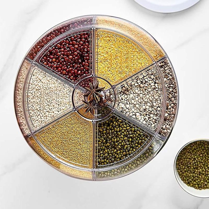 Rotating Grain Dry Food Dispenser Countertop - 6 Grids Cereal Tank Dispenser for Lentils, Rice, Beans - Kitchen Pantry Storage Container