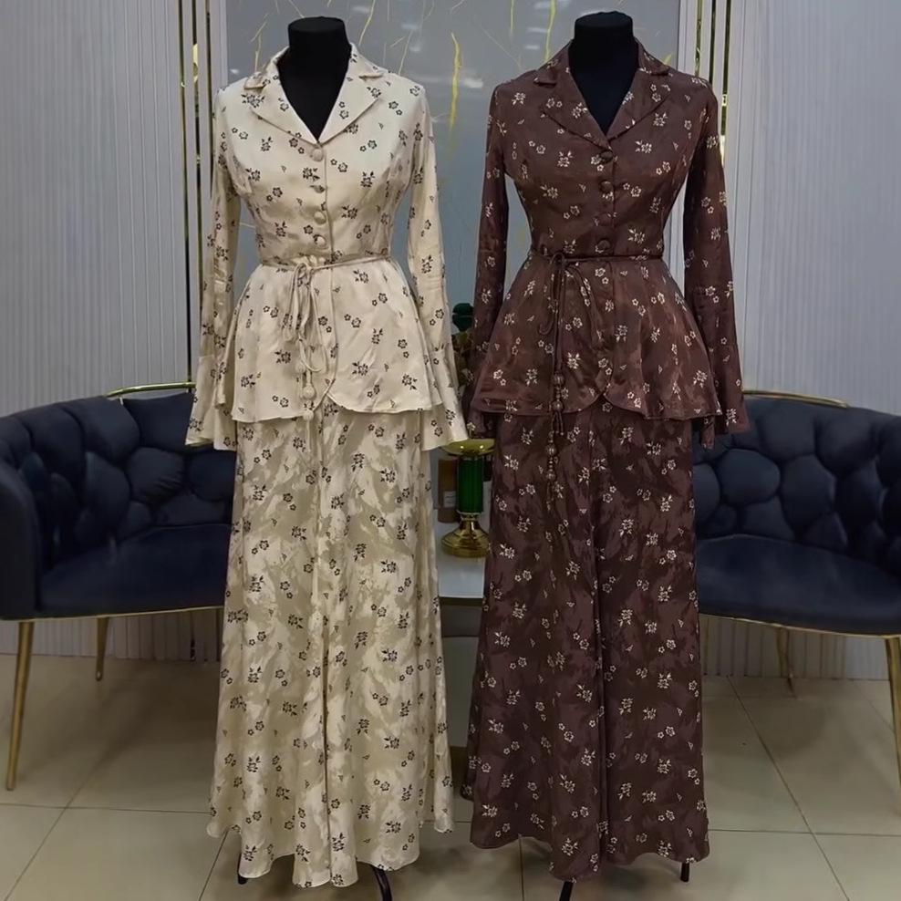 2025 Autumn European & American Floral Jacquard Satin Jacket & Long Dress Set for Women
