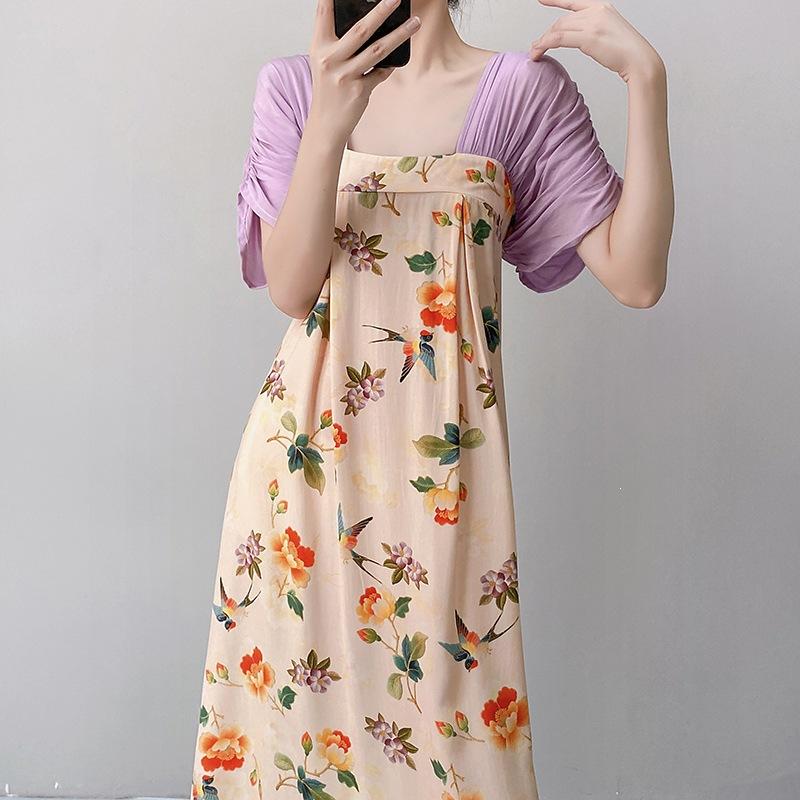 Women's nightgown thin short-sleeved printing light luxury simple breathable casual loungewear long skirt can be worn outside