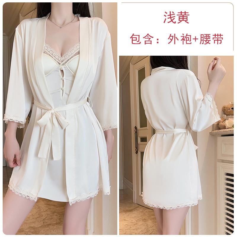 

Deep V plus chest pad underwear sexy temptation sweet smooth satin nightdress robe home set one size fits all