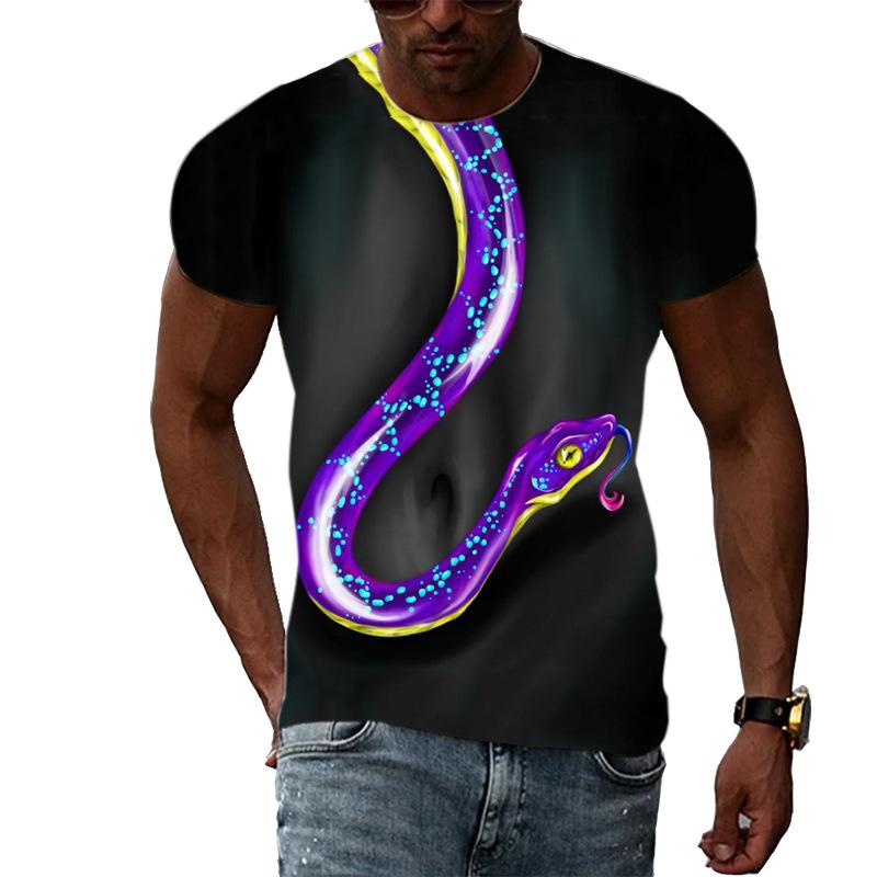 Summer Round Neck 3D Patterns of Snakes In Various Colors Print Top Fashionable Casual Short Sleeved Men's T-shirts