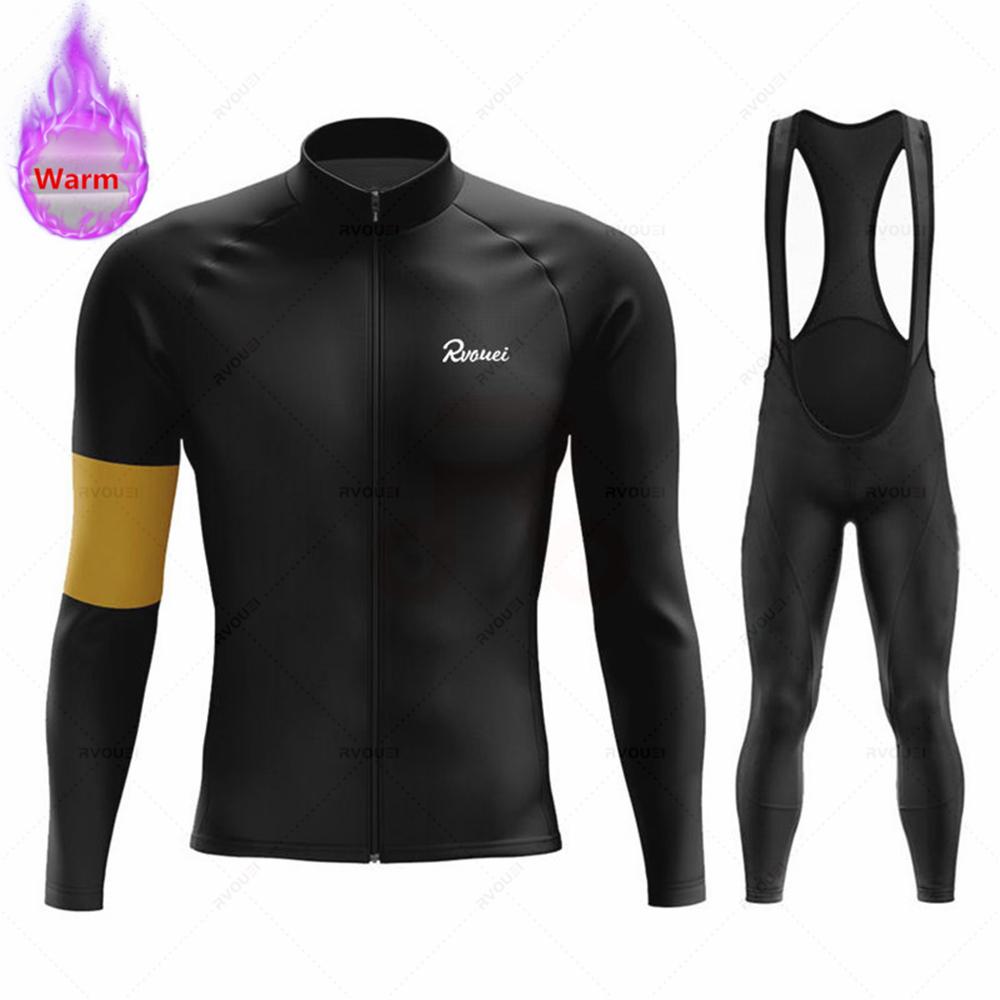 Winter Rvouei Cycling Clothing Men's Thermal Fleece Bicycling Clothing Set Outdoor MTB Bike Bib Pants Ropa Maillot Ciclismo