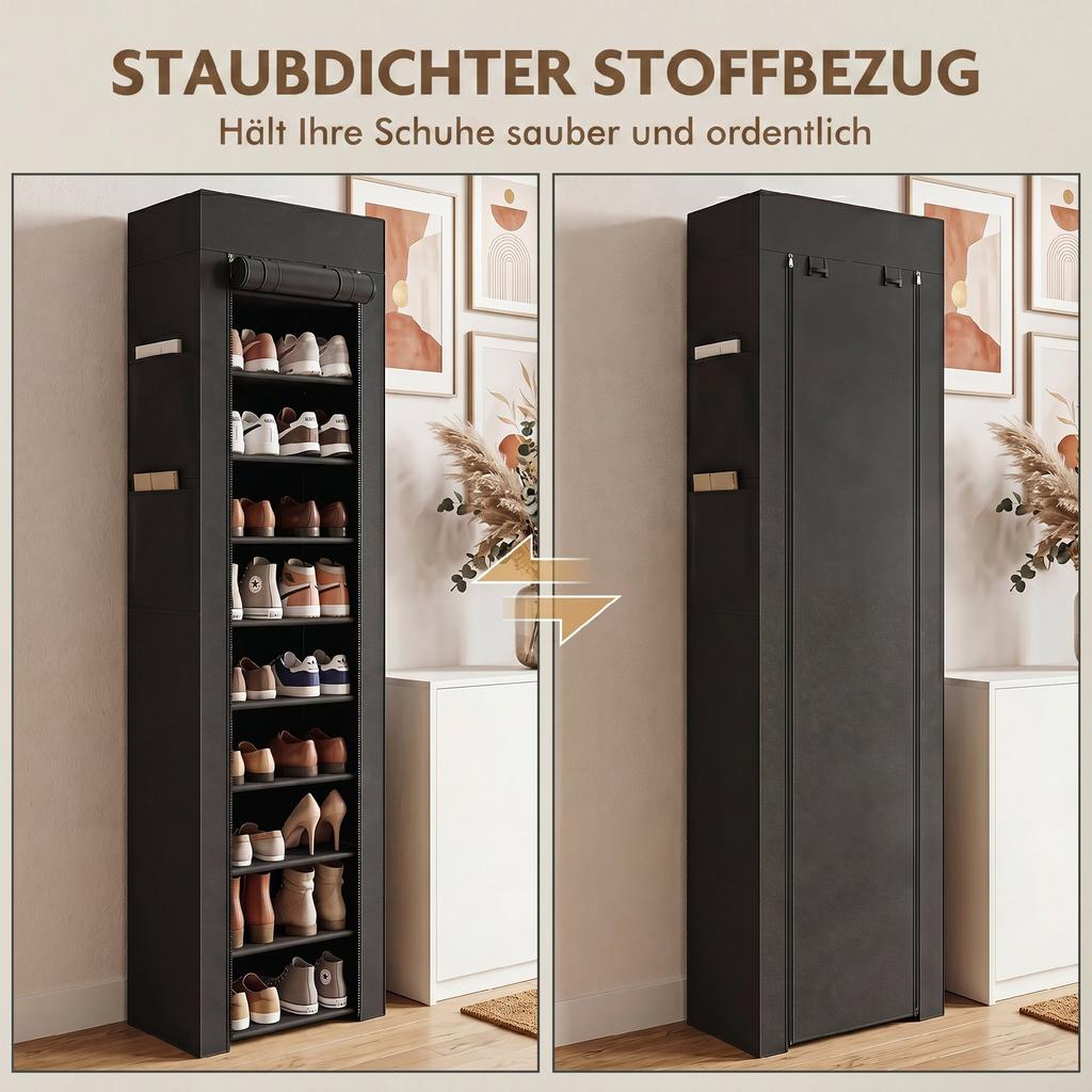 Metal Shoe Rack with Dustproof Fabric Cover, for up to 20 Pairs of Shoes, 45 x 30 x 175 cm, Black
