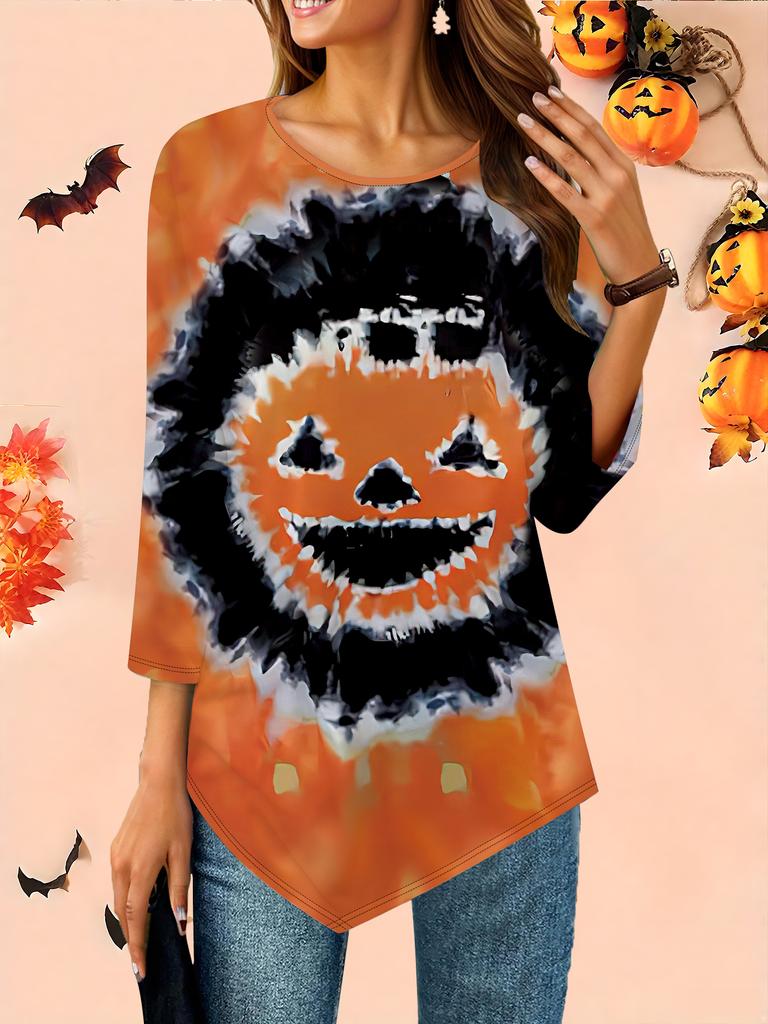 Women's Loose Round Neck Three Quarter Sleeve Tee 3D Halloween Pattern Ideal Halloween and Christmas Gift