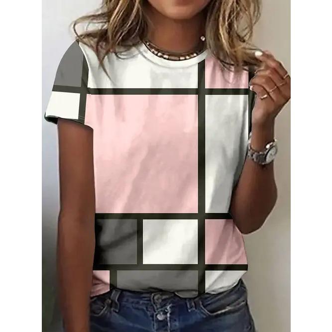 Summer Round Neck Geometric Pattern Color Block 3D Print Top Fashionable Casual Short Sleeved Women's T-shirts