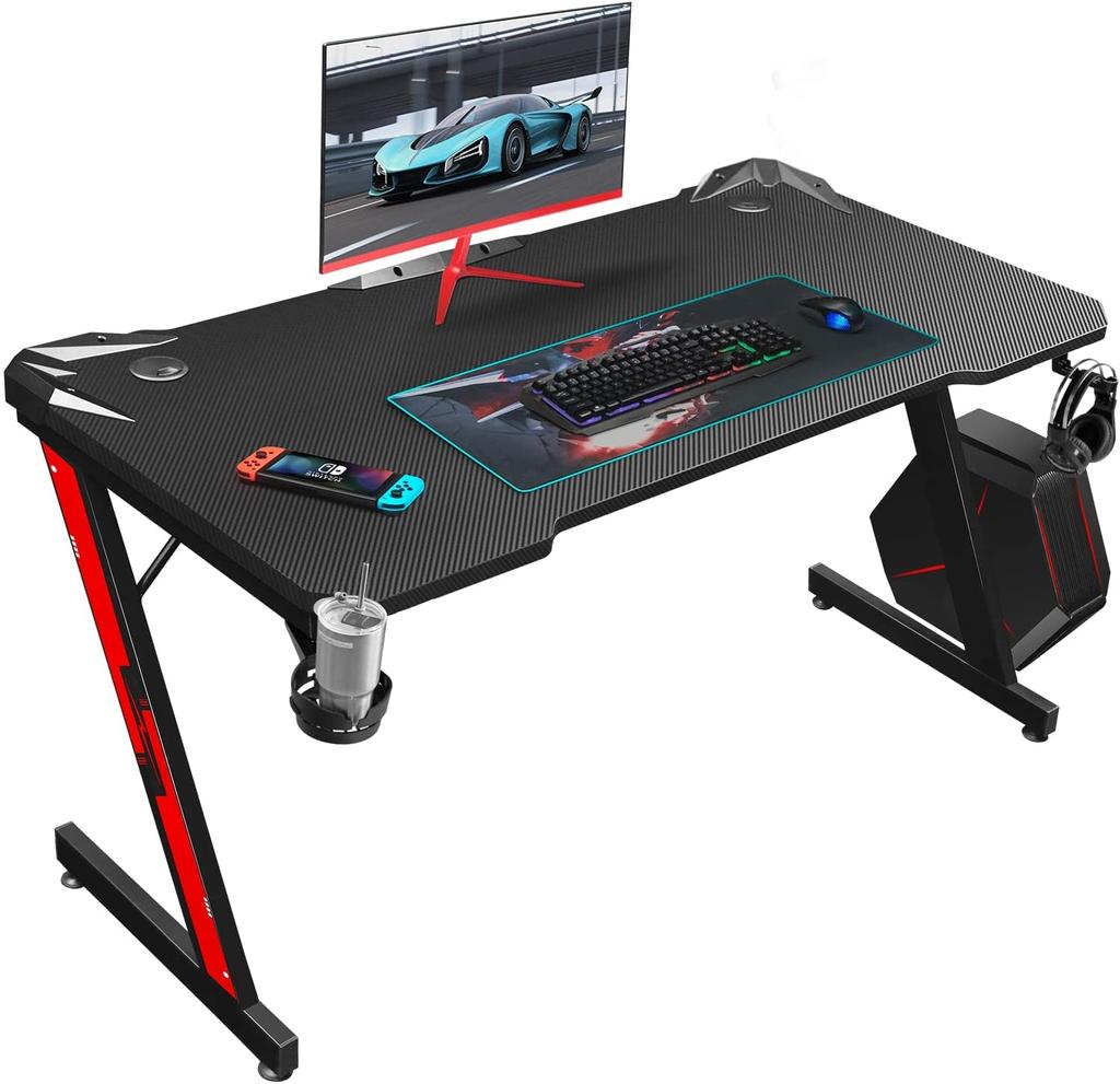 Victone Gaming Desk Year Width 112cm Depth 60cm Height Computer Desk PC Desk Game Desk Office Desk Work Desk Carbon Fiber Top with Cup Holder and