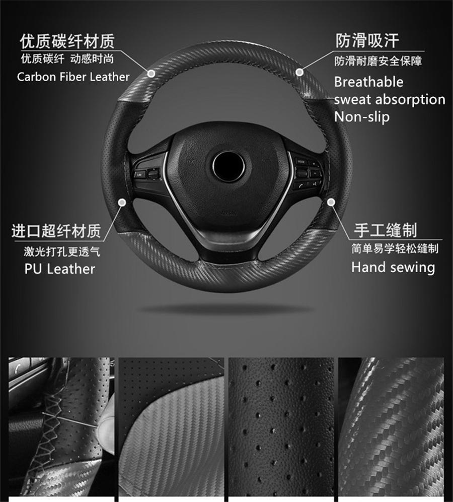DIY Handmade Deluxe Black Carbon Fiber+PU Leather Car Steering Wheel Cover 38cm