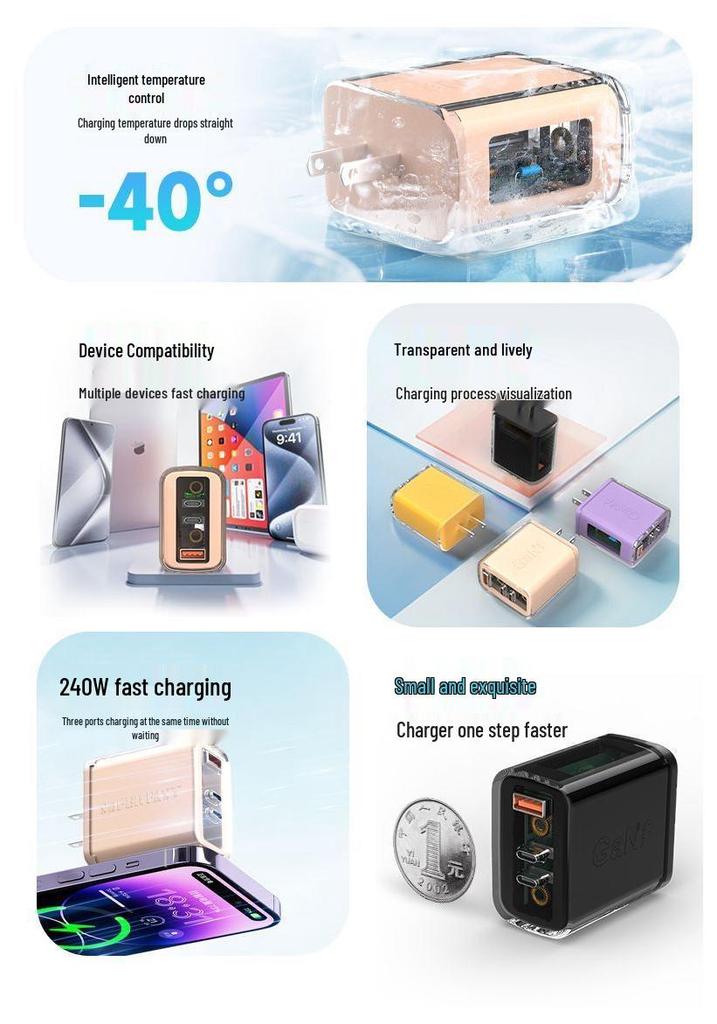 240W Gallium Nitride Fast Charger, Multi-Port, Transparent Design, Efficient Heat Dissipation, Compatible with Apple & Android Devices