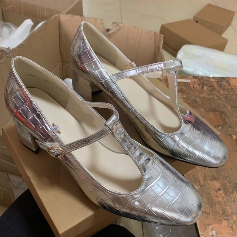 Classic High Heels Mary Janes Shoes Luxury Gold Silver Women's Heeled 2024 New T-strap Spring Pumps Wedding Party Dance Shoes