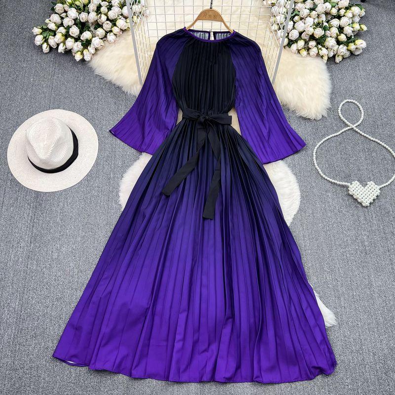 

Summer Retro Cropped Sleeves Gradient Color Pleated Dress Purple One size