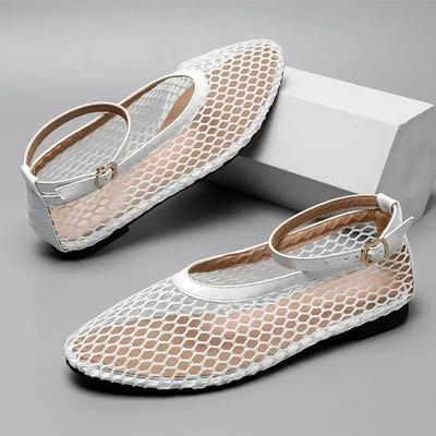Mode Design Creux Maille Respirante Ballerines pour Femmes Sexy T-Strap Boucle de Ceinture Chaussure de Ballet Semelle Souple Antidérapante Chaussures Confortables pour Femmes