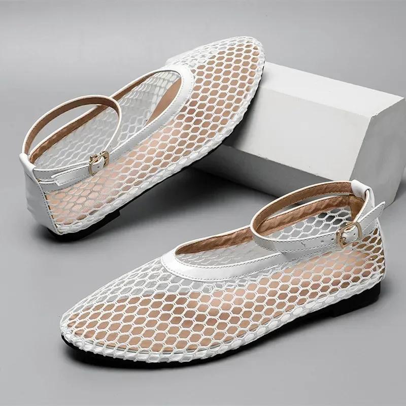 Fashion Hollow Design Mesh Breathable Women's Flats Sexy T-Strap Belt Buckle Ballet Shoe Non-Slip Soft Sole Cozy Shoes for Women