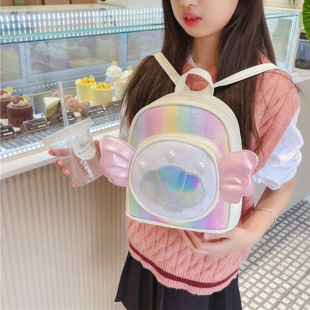 Princess Style Small Backpack For Girls Angel Wings Cartoon Laser Bag Pearl Seashell Decorated Schoolbag