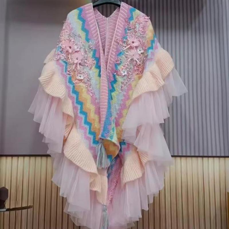 Flowers Embroidered Rainbow Knitted Shawl Spliced Ruffles Sweater Coat Irregular Gauze Ruched Scarf Cape Cardigan Poncho
