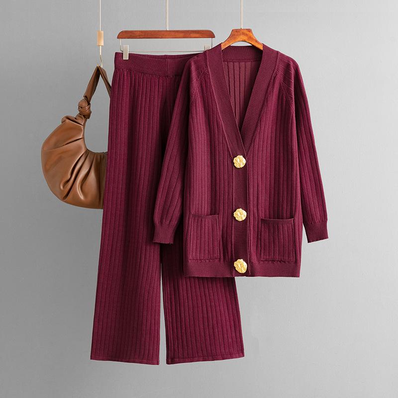 Autumn and Winter New Solid Color Loose Metal Button Cardigan Set + Wide-leg Pants Two-piece Set for Women