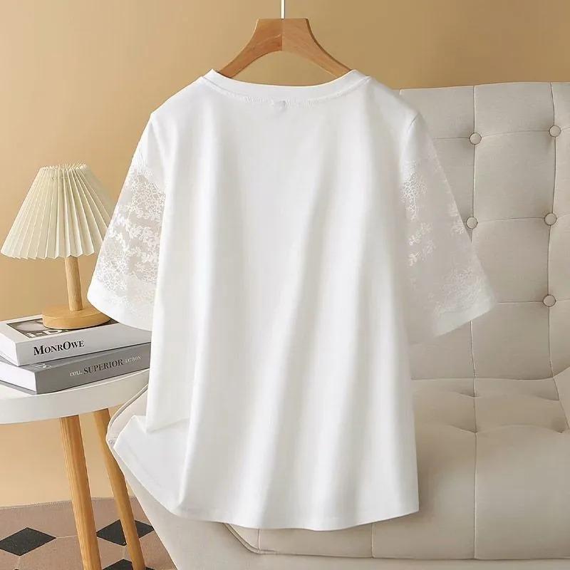 Design con Inserti in Pizzo per Donna Top alla Moda Largo Girocollo T-shirt Stylish a Maniche Corte