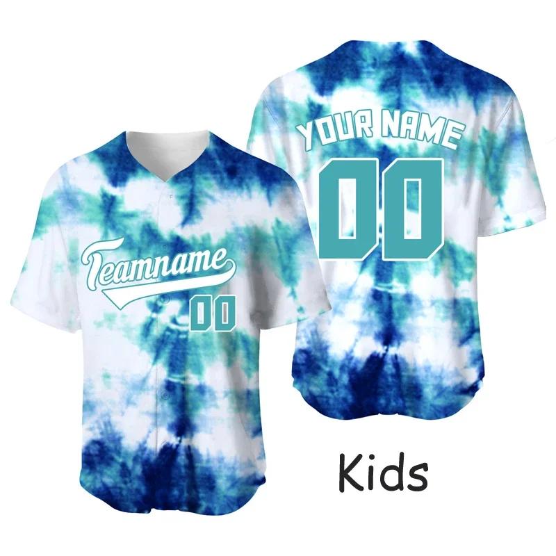 Camisa de beisebol personalizada tie-dye para crianças, camisa de jogo de equipe, camisetas esportivas de sublimação, secagem rápida, uniforme de beisebol esportivo