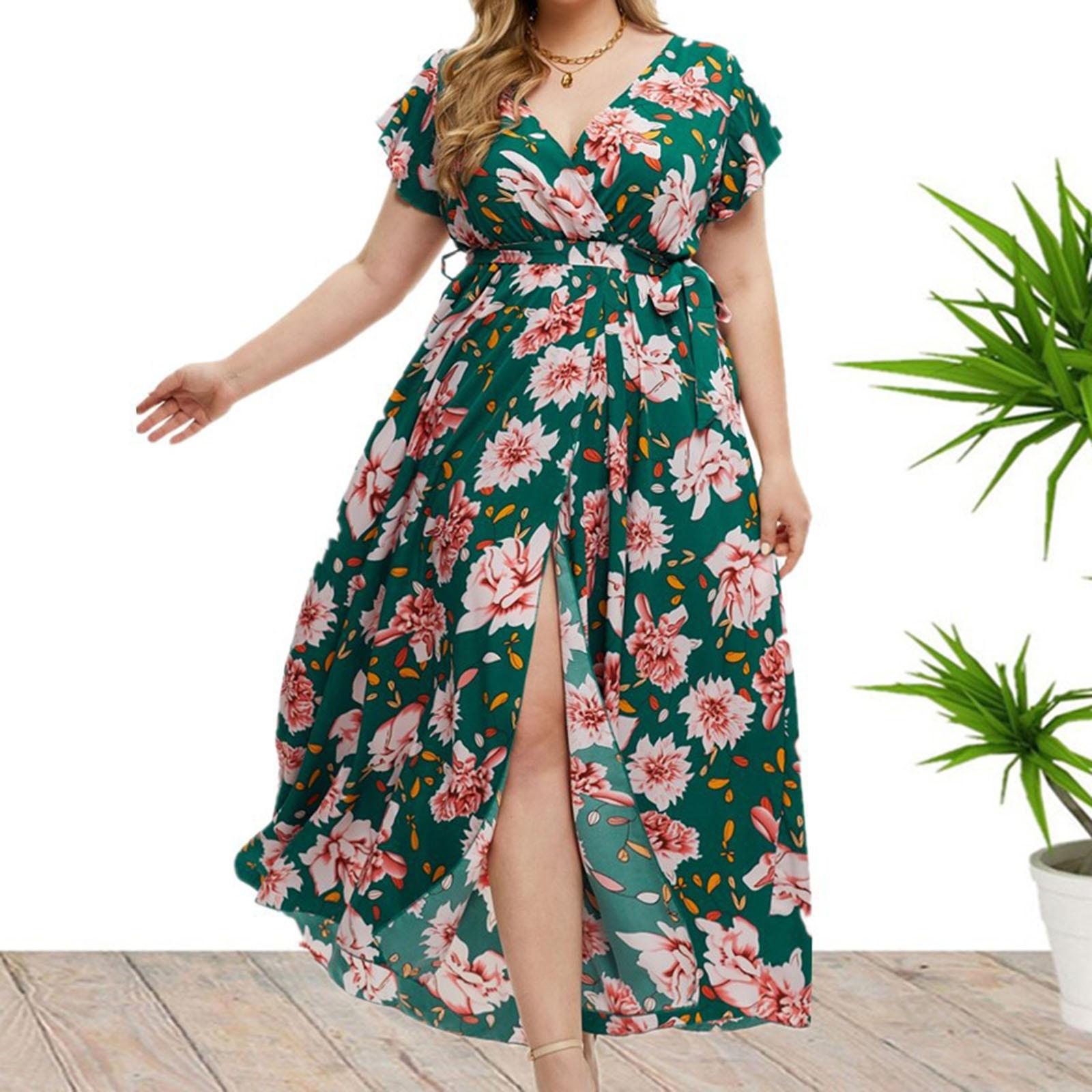 

Женская мода Принт Плюс Размер V-образный вырез Вентиляция Сексуальность Плавающее платье