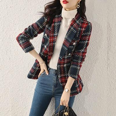 High-End Tweed Blazer Small Fragrance Women Vintage Plaid Short Suit Jacket Fashion Slim V-Neck Double Breasted Blazers Female