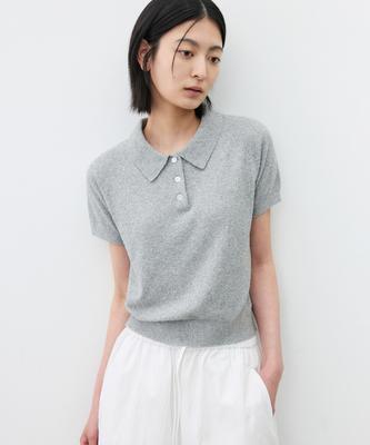 SUARE WOMEN Cotton Boucle Button Collar Knit Melange Gray