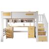 Hoogslaper 90x200 cm Wit Natuurlijk Hout, met Bureau, Lades, Opbergtrap en Hangplank, Ruimtebesparend Functioneel Bed voor Kinderkamer