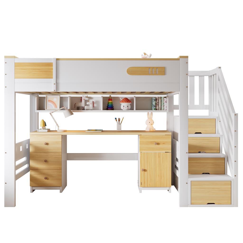 Hoogslaper 90x200 cm Wit Natuurlijk Hout, met Bureau, Lades, Opbergtrap en Hangplank, Ruimtebesparend Functioneel Bed voor Kinderkamer