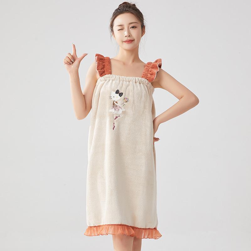 Quick-Drying Absorbent Coral Fleece Bath Towel & Wearable Ballet Cat Bath Robe with Cap