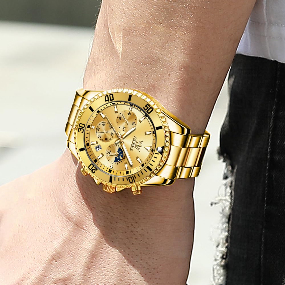 OLEVS Men's Watch Stylish Black Popular Waterproof Quartz Analog Chronograph Stainless Steel Metal Band Simple Easy-to-Read Business Casual Fashion